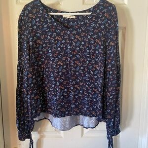 Copper Key Navy Floral Long-Sleeve Blouse with Tie Cuffs